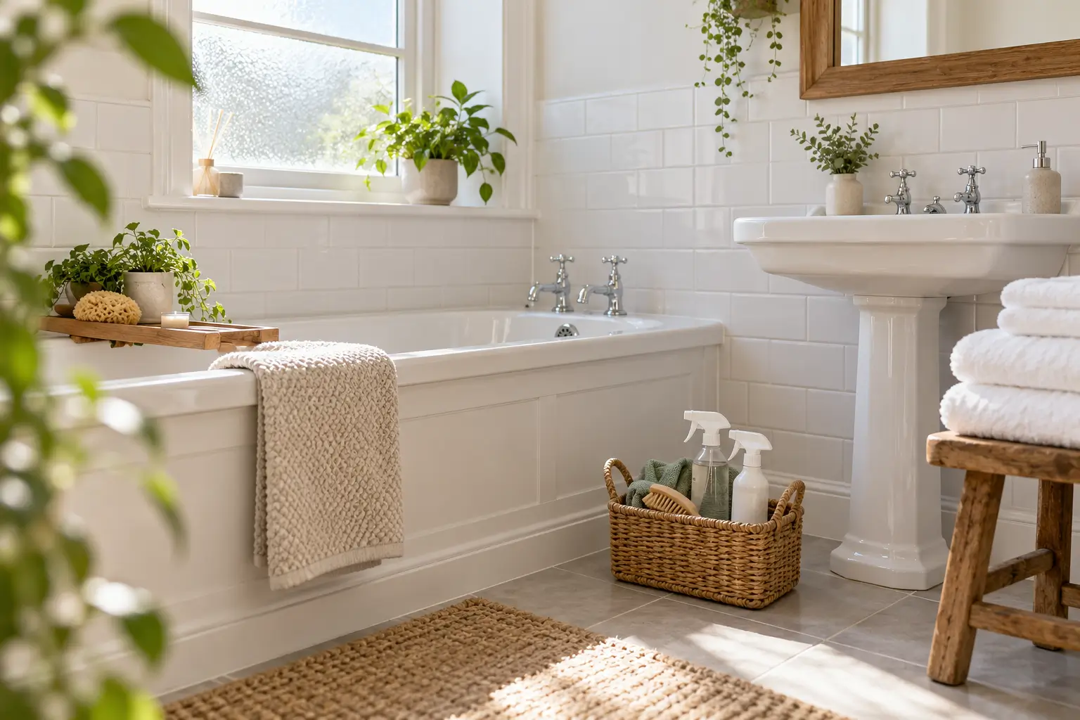 Freshly deep-cleaned bright bathroom with a white bath, clean tiles and folded towels