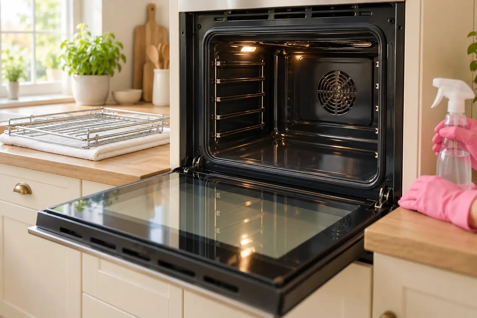Clean built-in oven with the door open and racks laid out on a kitchen worktop